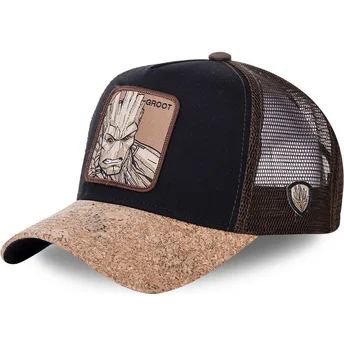 capslab-groot-gro4-marvel-comics-trucker-cap-schwarz-und-braun-mit-cork-visor