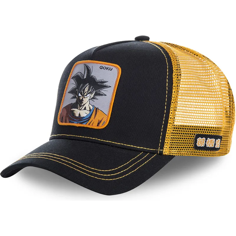 schwarze-und-orangefarbene-trucker-kappe-fur-kinder-son-goku-kidgokb-dragon-ball-von-capslab