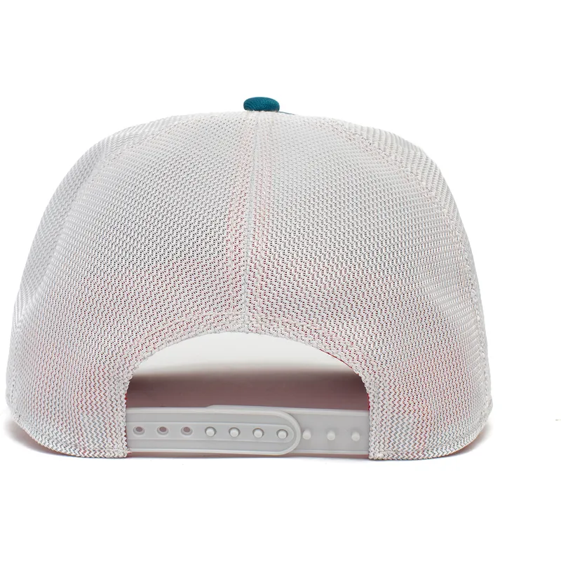 trucker-cap-blau-weiss-und-schwarz-dinosaurier-velociraptor-clever-swift-robber-the-farm-von-goorin-bros