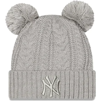 New Era Women Grey Logo Cuff Double New York Yankees MLB Grey Beanie with Pompom