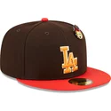 braune-und-rote-anliegende-59fifty-flatcap-the-elements-fire-pin-der-los-angeles-dodgers-mlb-von-new-era
