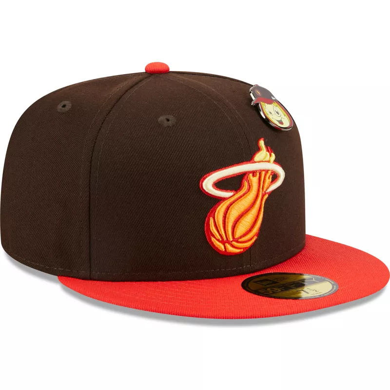 new-era-flat-brim-59fifty-the-elements-fire-pin-miami-heat-nba-brown-and-red-fitted-cap