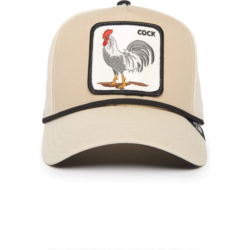 beige-gebogene-snapback-kappe-hahn-cock-rooster-100-the-farm-all-over-canvas-von-goorin-bros