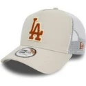 beige-weisse-trucker-kappe-mit-braunem-logo-a-frame-boucle-los-angeles-dodgers-mlb-von-new-era