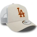 beige-weisse-trucker-kappe-mit-braunem-logo-a-frame-boucle-der-los-angeles-dodgers-mlb-von-new-era