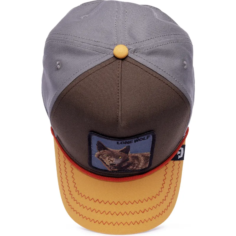 braune-graue-und-orangefarbene-curved-cap-snapback-wolf-lone-wolf-100-the-farm-all-over-canvas-von-goorin-bros