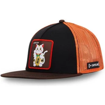 Schwarze und orangefarbene Trucker-Flatcap Maneki-Neko Lucky Cat LUC von Capslab