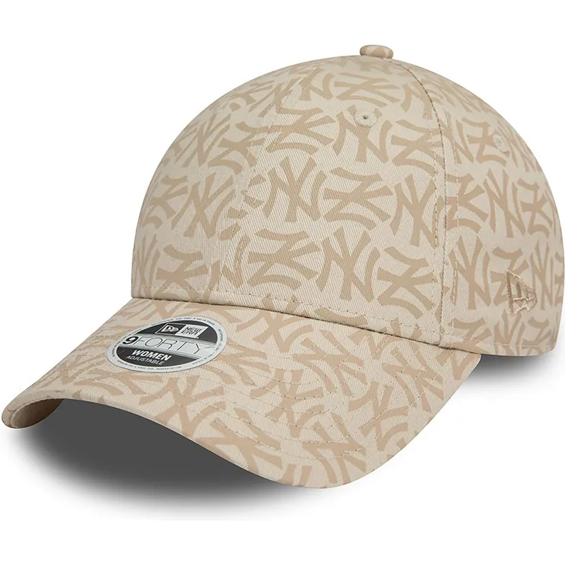 beige-gebogene-verstellbare-damenkappe-9forty-monogram-der-new-york-yankees-mlb-von-new-era