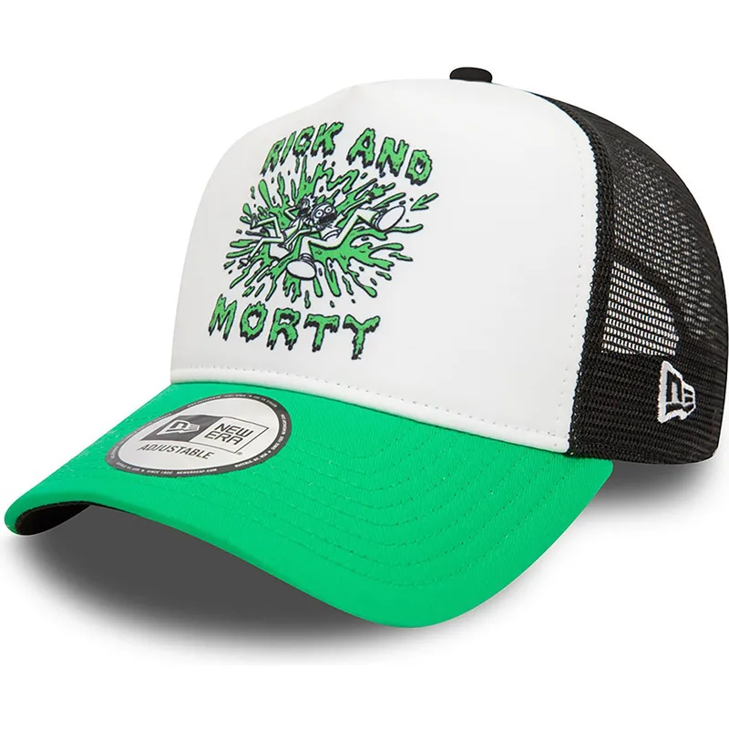 weisse-schwarze-und-grune-a-frame-character-trucker-kappe-von-rick-und-morty-von-new-era