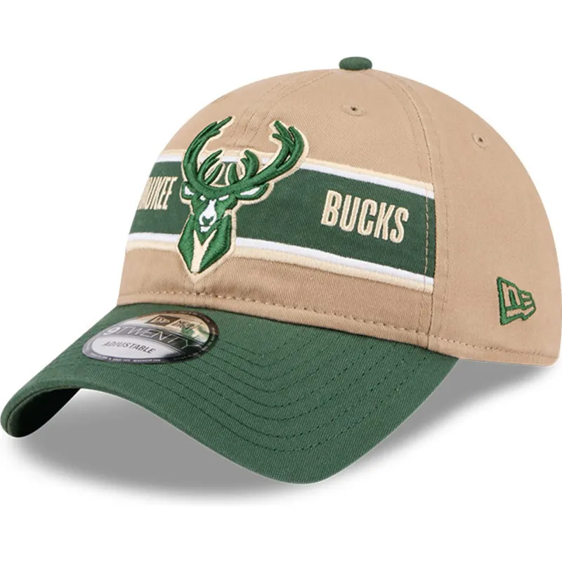 justerbar-brun-och-gron-kurvskarmkeps-9twenty-draft-2024-milwaukee-bucks-nba-fran-new-era