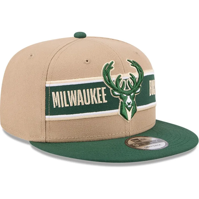 braune-und-grune-flache-snapback-kappe-9fifty-draft-2024-von-milwaukee-bucks-nba-von-new-era