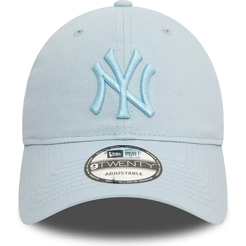 hellblaue-verstellbare-curved-cap-mit-blauem-logo-9twenty-league-essential-der-new-york-yankees-mlb-von-new-era