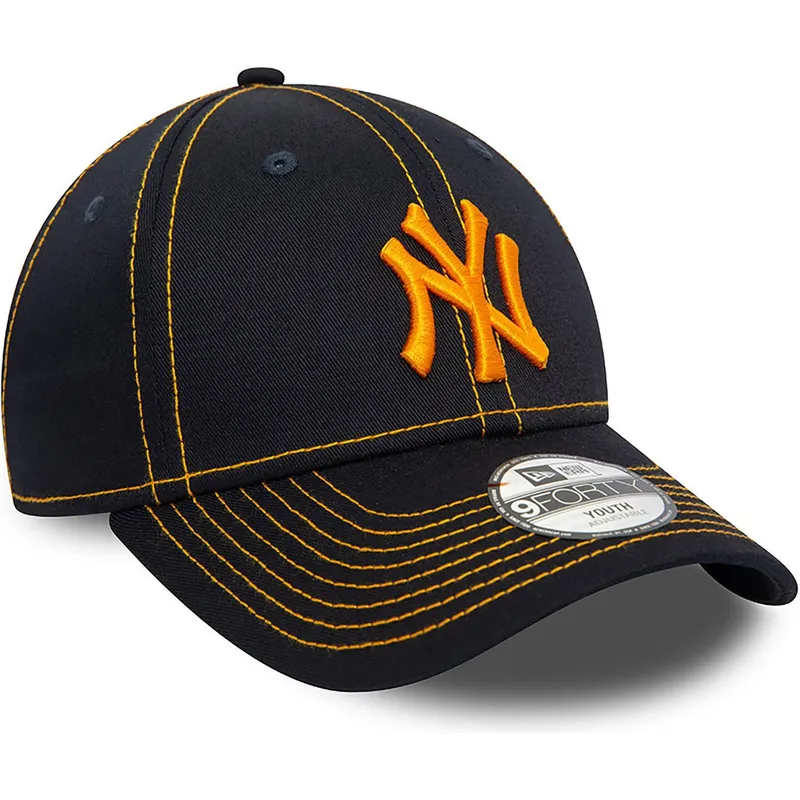 marineblaue-gebogene-verstellbare-kappe-mit-orangefarbenem-logo-fur-kinder-9forty-stitch-der-new-york-yankees-mlb-von-new-era