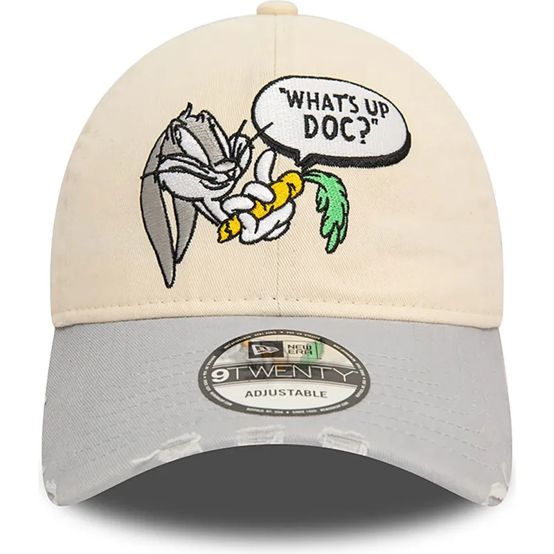 beige-und-graue-verstellbare-9twenty-washed-kappe-mit-gebogenem-schirm-von-bugs-bunny-looney-tunes-von-new-era