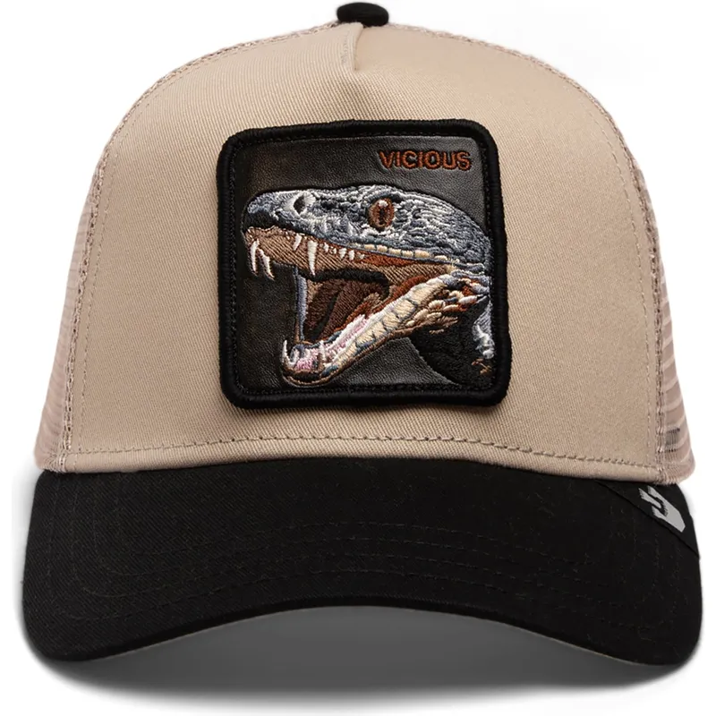 trucker-cap-beige-und-schwarz-schlange-the-vicious-snake-eco-brutalism-the-farm-von-goorin-bros