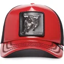 goorin-bros-raging-pamplona-puff-patent-the-farm-rote-und-schwarze-trucker-kappe-mit-stiermotiv