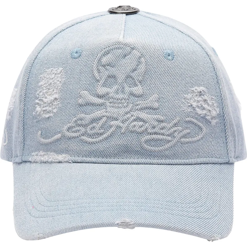 blaue-verstellbare-curved-cap-denim-embossed-skull-von-ed-hardy