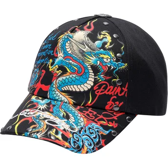 Ed Hardy Curved Brim Blue Dragon Black Adjustable Cap