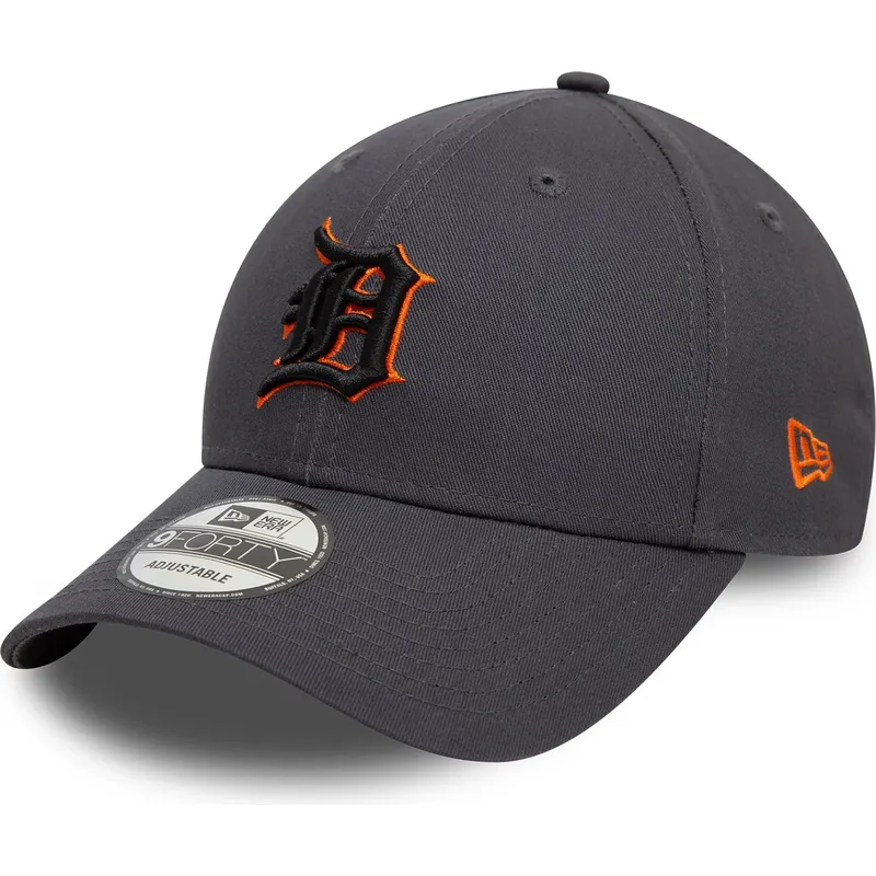 graue-verstellbare-curved-cap-mit-orangefarbenem-logo-9forty-side-patch-der-detroit-tigers-mlb-von-new-era