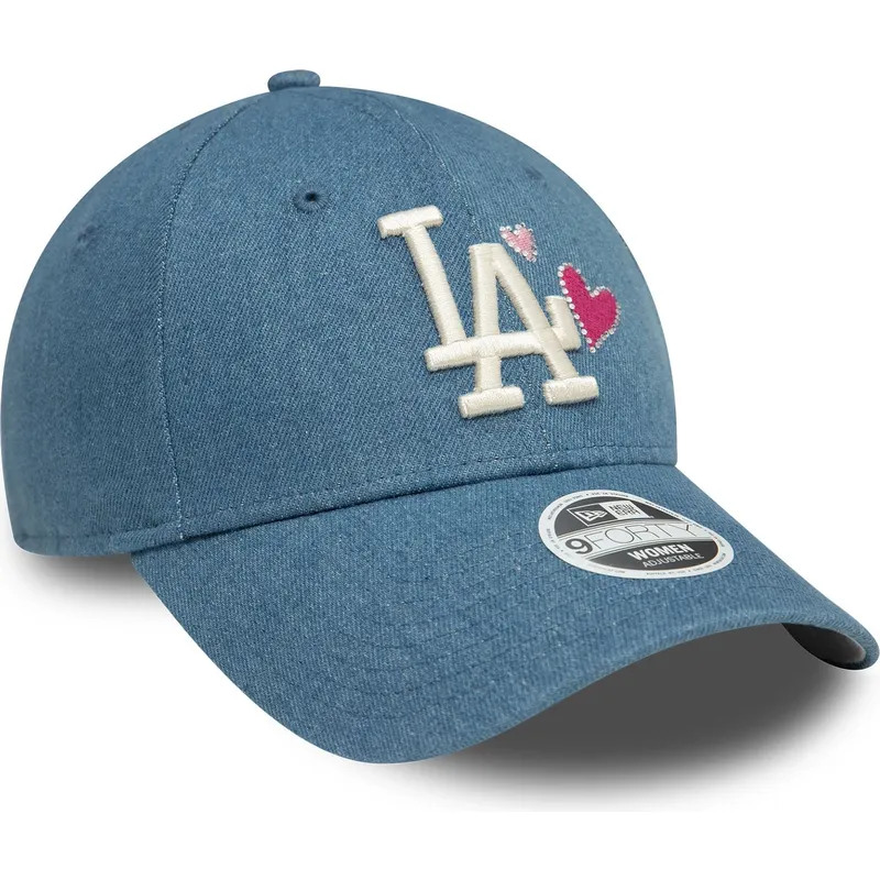 blaue-verstellbare-curved-cap-fur-damen-9forty-denim-icon-heart-der-los-angeles-dodgers-mlb-von-new-era