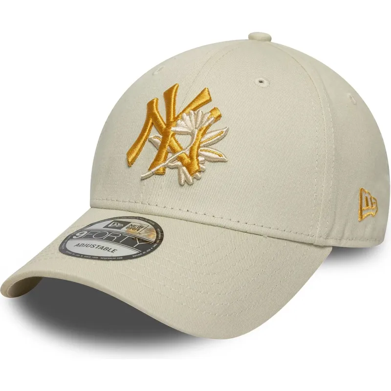 beige-verstellbare-curved-cap-mit-gelbem-logo-9forty-floral-icon-der-new-york-yankees-mlb-von-new-era
