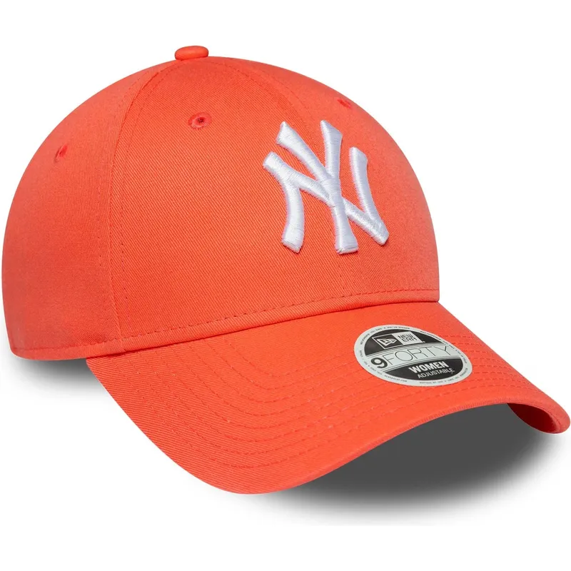 gebogene-orangefarbene-verstellbare-damenkappe-9forty-league-essential-der-new-york-yankees-mlb-von-new-era