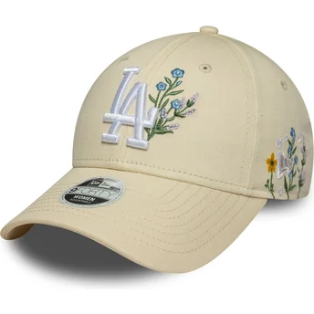Beige verstellbare Damenkappe mit gebogenem Schirm 9FORTY Floral Icon der Los Angeles Dodgers MLB von New Era
