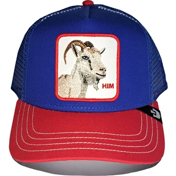 Goorin Bros. Him Goat Fab Farm blå och röd truckerkeps med getmotiv.