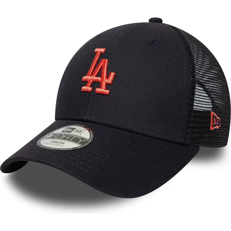 marineblaue-verstellbare-trucker-kappe-fur-kinder-mit-rotem-logo-9forty-homefield-der-los-angeles-dodgers-mlb-von-new-era