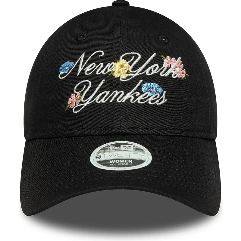 schwarze-gebogene-verstellbare-damenkappe-9forty-floral-script-der-new-york-yankees-mlb-von-new-era