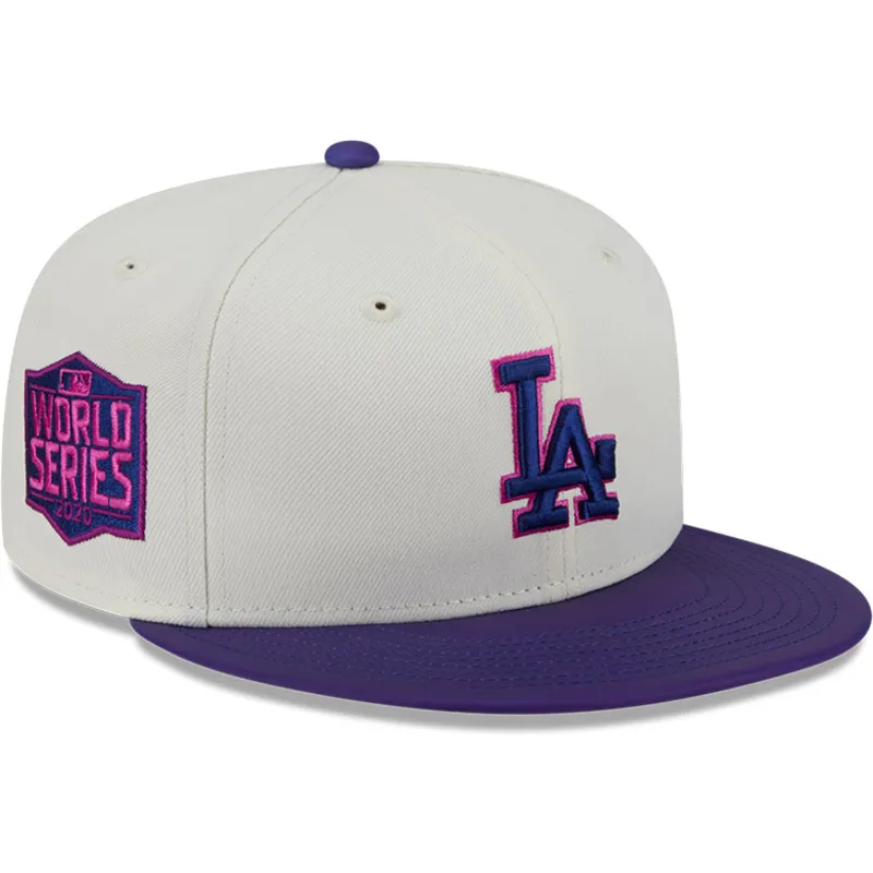 gorra-plana-beige-y-violeta-ajustada-59fifty-clr-dvlp-de-los-angeles-dodgers-mlb-de-new-era