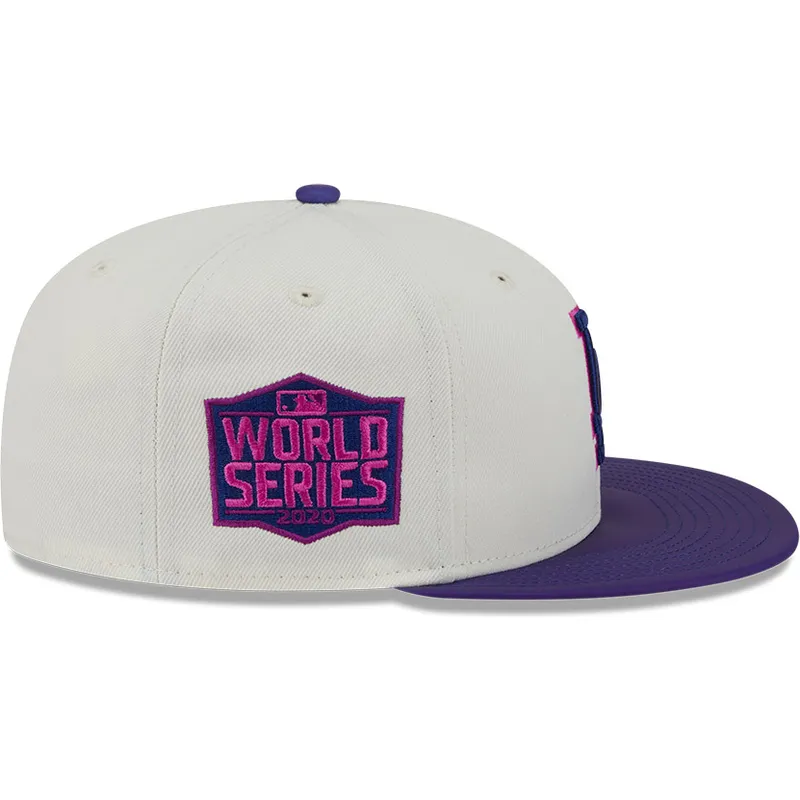 gorra-plana-beige-y-violeta-ajustada-59fifty-clr-dvlp-de-los-angeles-dodgers-mlb-de-new-era
