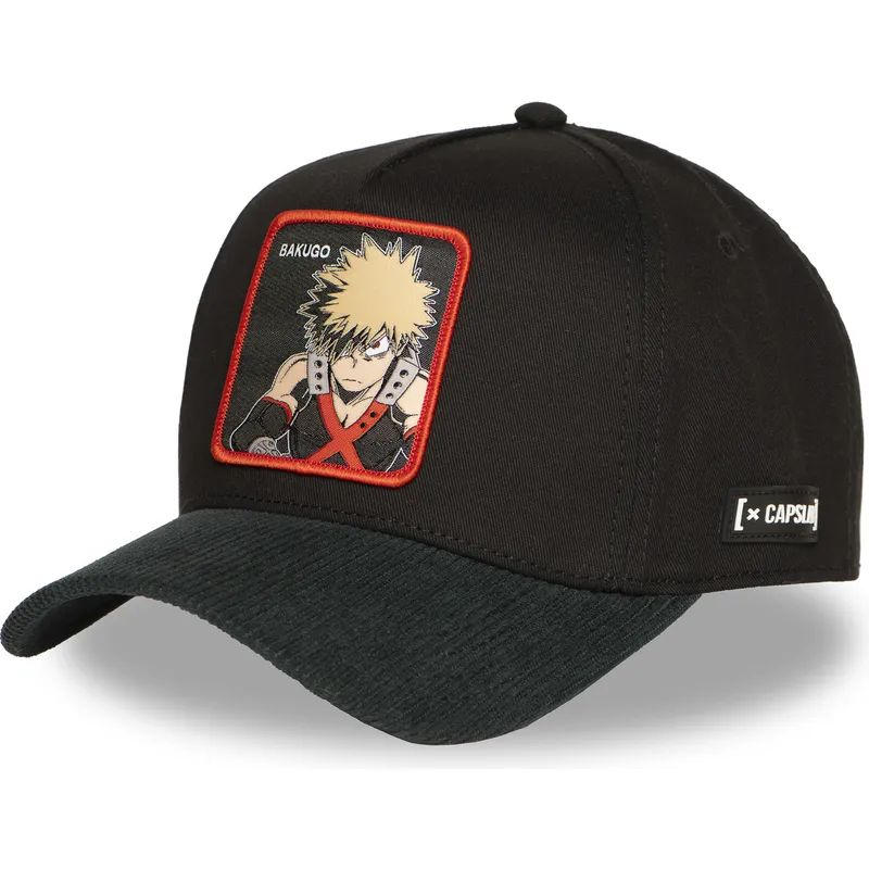 schwarze-und-grune-gebogene-snapback-kappe-katsuki-bakugo-mha2-bak-my-hero-academia-von-capslab