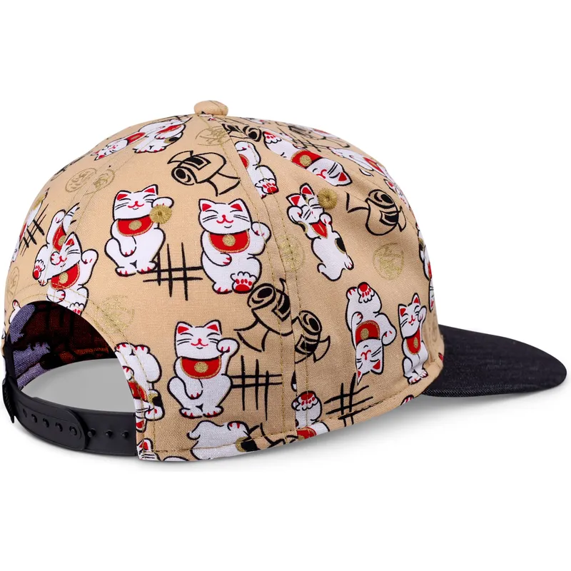 platt-keps-beige-och-svart-snapback-for-barn-lucky-cat-linen-fran-djinns