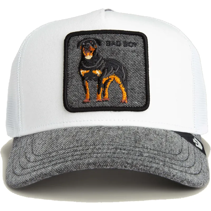 gorra-trucker-blanca-y-gris-perro-rottweiler-bad-boy-denim-the-farm-de-goorin-bros