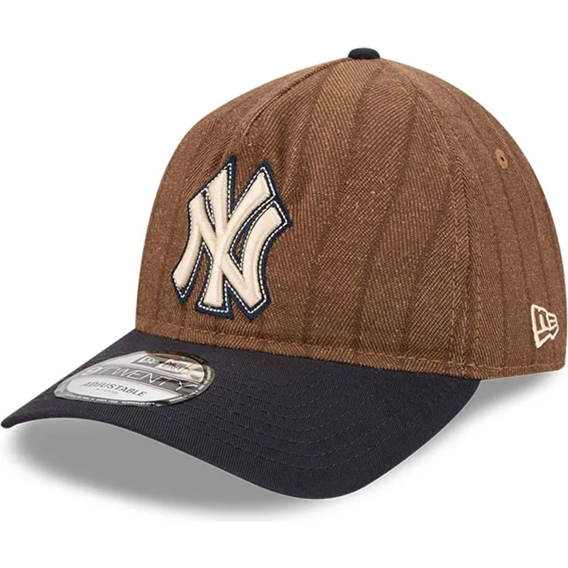 braune-und-marineblaue-verstellbare-curved-cap-9twenty-a-frame-wool-pinstripe-der-new-york-yankees-mlb-von-new-era