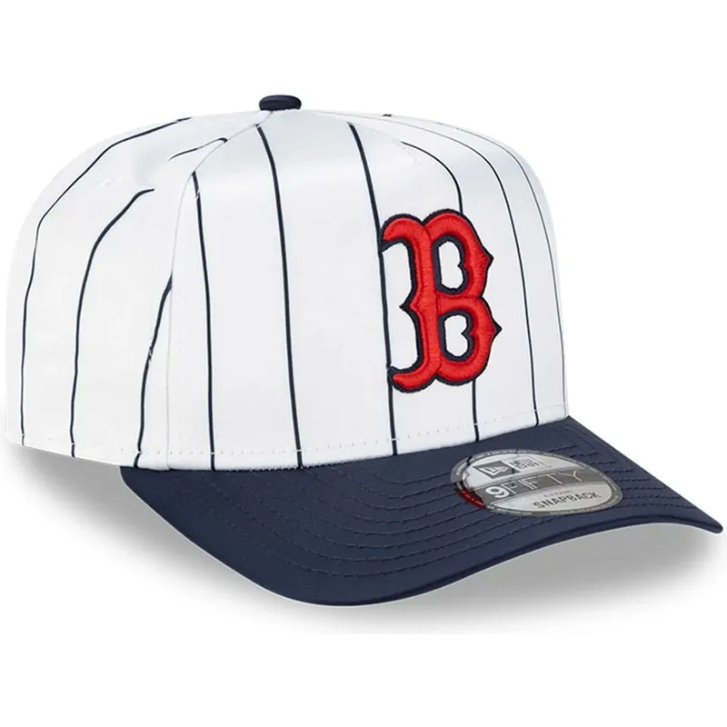 weisse-und-marineblaue-gebogene-snapback-kappe-9fifty-a-frame-satin-pinstripe-der-boston-red-sox-mlb-von-new-era