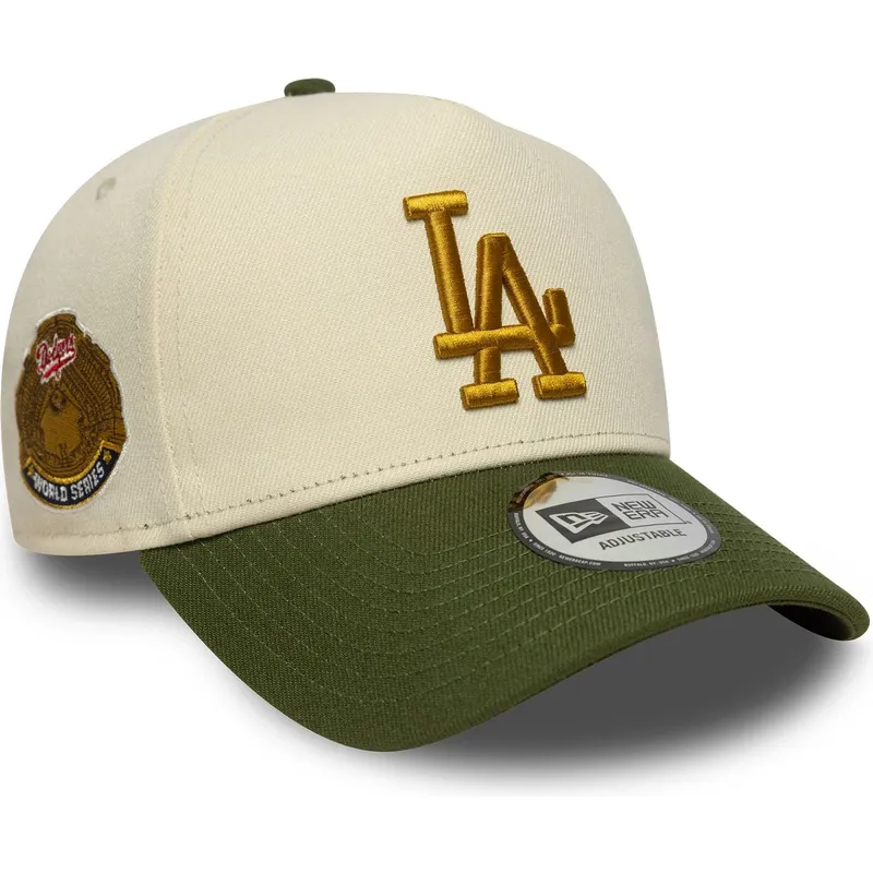 gorra-curva-beige-y-verde-snapback-9forty-e-frame-world-series-patch-de-los-angeles-dodgers-mlb-de-new-era