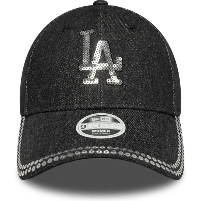 svart-justerbar-kurvkeps-for-kvinnor-9forty-sequin-denim-los-angeles-dodgers-mlb-fran-new-era
