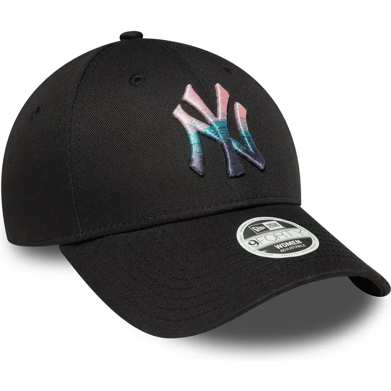 schwarze-gebogene-verstellbare-damenkappe-9forty-metallic-logo-der-new-york-yankees-mlb-von-new-era