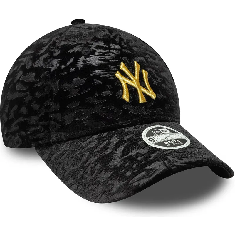 svart-justerbar-kurvad-keps-for-dam-med-gult-logotyp-9forty-leo-velour-metallic-fran-new-york-yankees-mlb-av-new-era