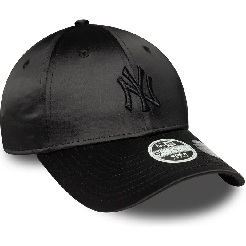 schwarze-verstellbare-curved-cap-fur-damen-mit-schwarzem-logo-9forty-satin-bow-back-der-new-york-yankees-mlb-von-new-era