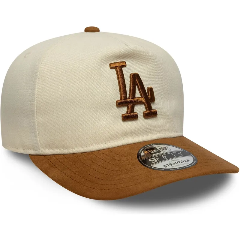 beige-und-braune-verstellbare-curved-cap-9fifty-a-frame-suede-visor-der-los-angeles-dodgers-mlb-von-new-era