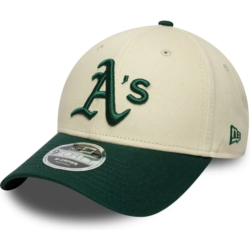beige-und-grune-gebogene-snapback-kappe-9forty-m-crown-von-oakland-athletics-mlb-von-new-era