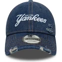 blaue-gebogene-verstellbare-kappe-9twenty-denim-distress-der-new-york-yankees-mlb-von-new-era