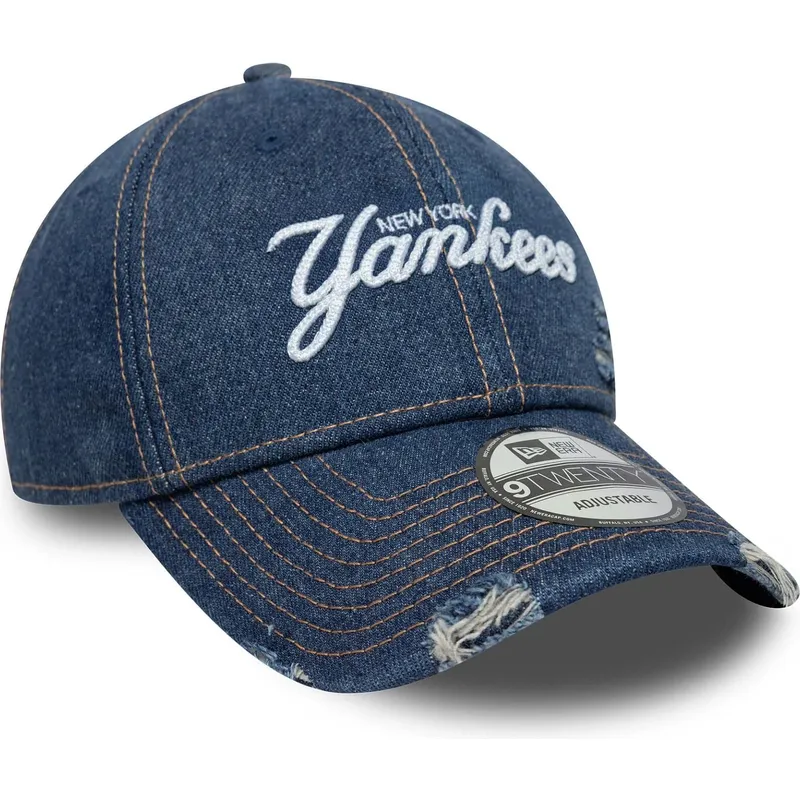 blaue-gebogene-verstellbare-kappe-9twenty-denim-distress-der-new-york-yankees-mlb-von-new-era