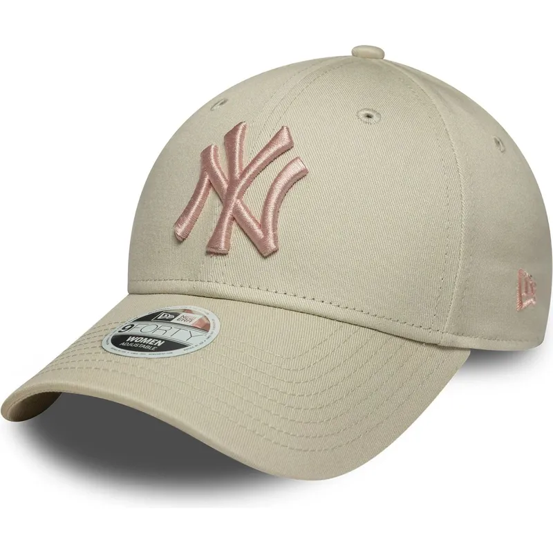 new-era-curved-brim-women-pink-logo-9forty-league-essential-new-york-yankees-mlb-beige-adjustable-cap