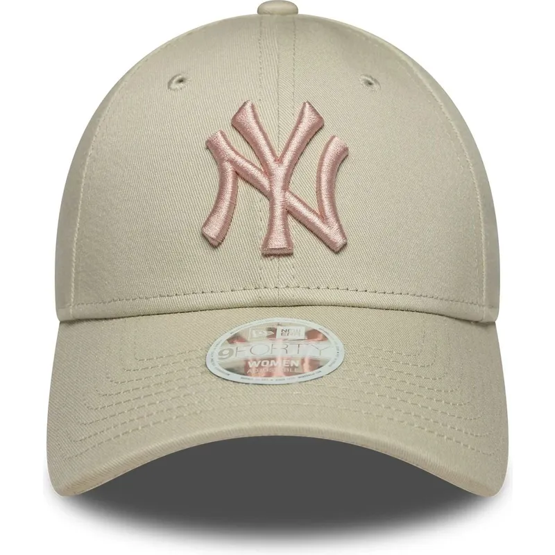 new-era-curved-brim-women-pink-logo-9forty-league-essential-new-york-yankees-mlb-beige-adjustable-cap
