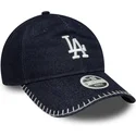 marineblaue-gebogene-verstellbare-damenkappe-9twenty-denim-stitch-der-los-angeles-dodgers-mlb-von-new-era