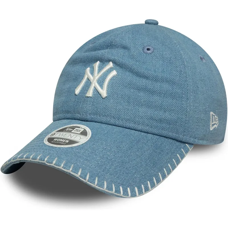 blaue-gebogene-verstellbare-damenkappe-9twenty-denim-stitch-der-new-york-yankees-mlb-von-new-era